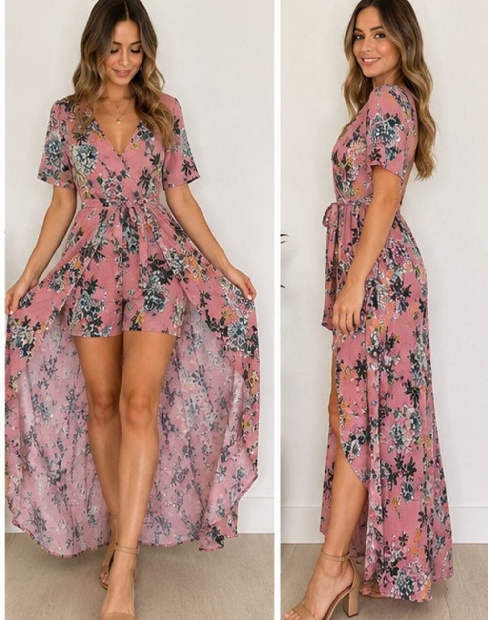 Band of Gypsies Floral Romper Dress Small Pink High Low Boho Festival
